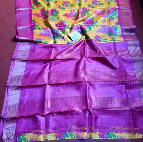 Tussar Silk Saree Kalamkari Print Pure Soft Zari Weaving Contrast Border And Pallu Attach Blouse Piece